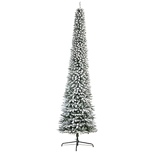 Nearly Natural 11ft. Flocked Pencil Artificial Christmas Tree with 850 Clear Lights and 1435 Bendable Branches