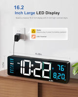 Digital Wall Clock, 16" Large Display Digital Clock with Night Light, Wall Clock with DST, Alarm, LED, Date, Week, Temp for Living Room, Bedroom, Classroom Decor, Birthday Gift for Senior Mom Dad