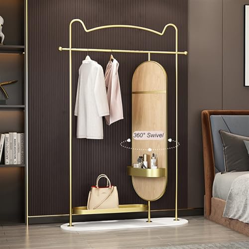 Decorative Rotating Full-Length Mirror Coat Rack Floor-Standing Combination Multi-Functional Dressing Fitting Hanging Clothes Storage for Living Room(Gold,95cm)