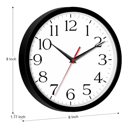 DAXSMY 8 Inch Wall Clock - Battery Operated, Silent Non-Ticking Analog Sweep Movement - Easy to Read Numbers for Home, Office, Kitchen, Classroom (Black)