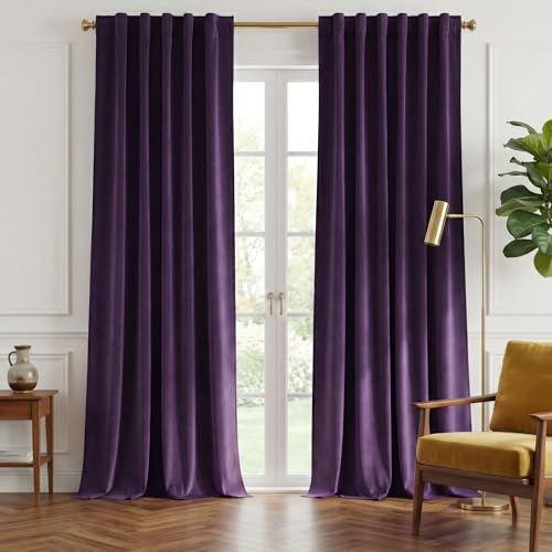 NICETOWN Purple Room Darkening Velvet Curtains, 84 inch Long, Living Room Back Tab & Rod Pocket Window Treatment Drapes Farmhouse for Theater, Set of 2, 52" Width
