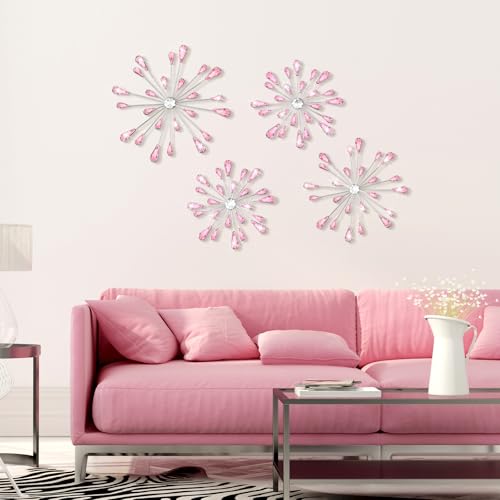Hicarer 4 Pcs Starburst Wall Decor Bling Wall Art Crystal Teardrop 3D Hanging Rhinestone Radial Metal Artwork Modern Accent Sculptures Decorations for Living Room Home Office Bedroom(Pink)