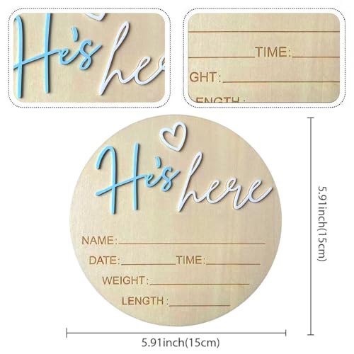 Baby Announcement Sign, 5.9 Inch Wooden Hello World Newborn Signs, Birth Announcement Sign, Gender Reveal Signs, He's here Decoration, Welcome Newborn Arrival To World (He's,Blue-A)
