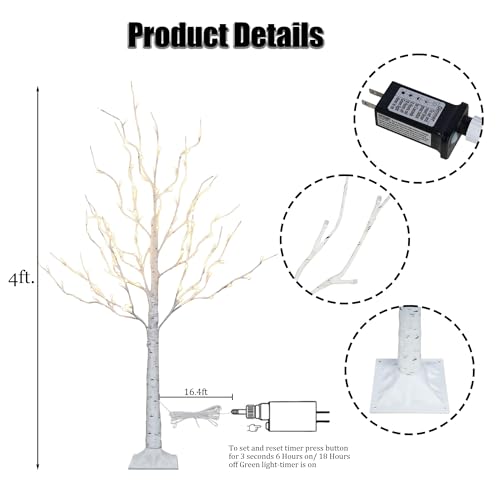Dazzle Bright 2 Pack Lighted Birch Tree, 4 FT Total 96 LED Pre-lit Artificial Christmas Tree with Timer, Christmas Decorations Indoor Outdoor for Home Garden Party Thanksgiving Decor, Warm White