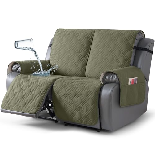 TAOCOCO 100% Waterproof Loveseat Recliner Covers 2 Seater, Split Loveseat Covers for Reclining loveseat, Non Slip Reclining Couch Cover with Double Straps for Kids, Pets(2 Seater, Green)