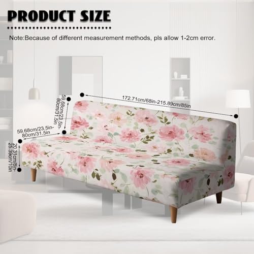 Futon Cover Pink Floral Armless Sofa Cover Stretch Futon Slipcovers for Home Decor Washable Furniture Protector Covers with Elastic Bottom