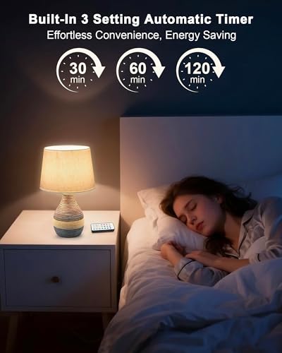 13" H Small Rechargeable Cordless Ceramic Table Lamp with Remote – RGB, Warm White Light, Timer, Dimmer – Battery Operated Lamp with Linen Shade for Patio, Bedroom, Living Room, Dining Table