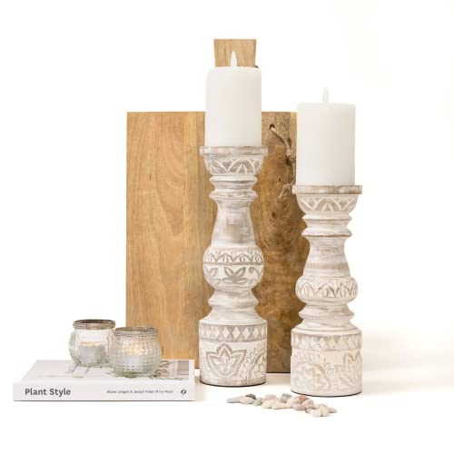 Kurrajong Farmhouse Candle Holders - Boho Set of 2 Tall Candle Stands | Decorative Wood 10" and 12" high | White Washed Candle Holders for Pillar Candles
