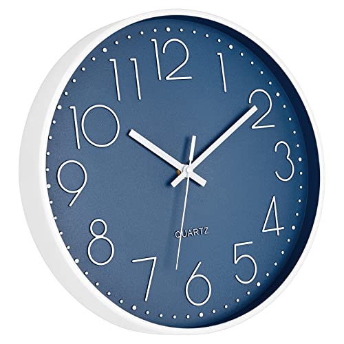 Foxtop Modern Wall Clock Silent Non Ticking Battery Operated Quartz Round Wall Clock Decor for Bedroom Kitchen Home Office School (12 Inch, Cerulean)
