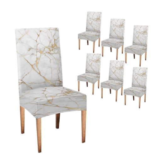 TOMWISH Dining Room Chair Covers Set of 6, Spandex Slipcover Stretch Removable Parson Chair Covers Marble White Grey and Gold Abstract Art Painting Chairs Seat Cover for Dining Room
