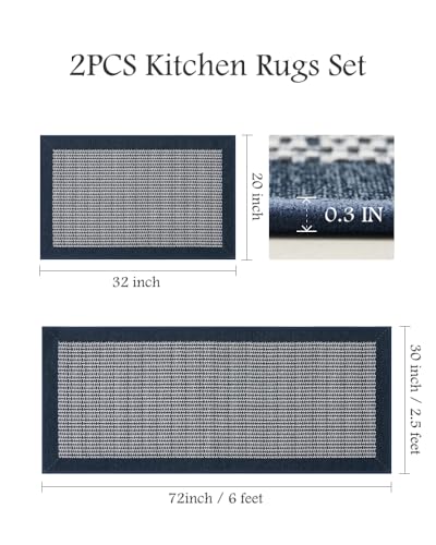 PADOOR Extra Large Kitchen Runner Rugs and Mats 2PCS, 2.5'x6'+20"x32",Blue