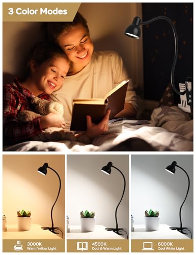Clip-on Reading Light - 3 Color Modes, 10 Dimmable Brightness, Eye Care Clamp Desk Lamp with Flexible Gooseneck for Reading in Bed, Desk, Headboard, Computer