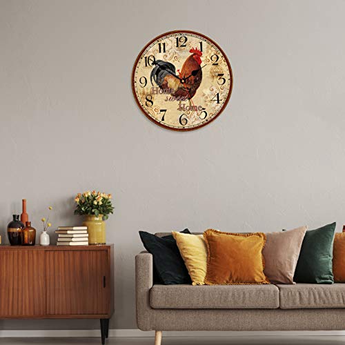TAHEAT 14 Inch Rustic Rooster Wall Clock Retro Silent Non Ticking Easy to Read Clock, Battery Operated Decorative Wall Clocks for Kitchen/Living Room/Bedroom/Farmhouse Decoration