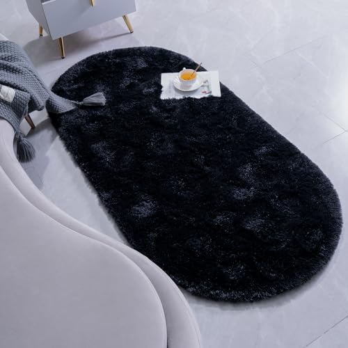 Goideal Fluffy Bedroom Rug, Small Oval Area Rugs, Black Shag Bedside Carpet for Kids Room Nursery Dorm Cute Fuzzy Indoor Decor for Boy and Girl, 2.6 x 5.3 Feet