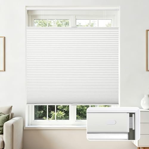 Joydeco No Tools No Drill Blinds for Indoor Windows, Cordless Window Blinds Cellular Shades Top Down Bottom Up Blackout Honeycomb Blinds Thermal Insulated Noise Reduction (White, 34.5" W x 64" H)