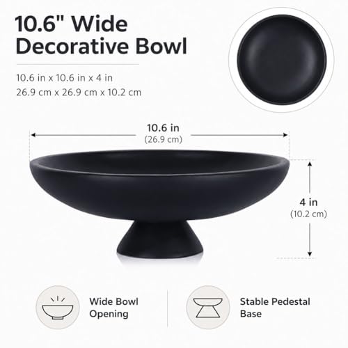 QIANLING Large Black Decorative Bowl, Modern Resin Pedestal Fruit Bowl, Matte Footed Centerpiece for Kitchen Counter, Coffee Table, Entryway Key Catch All, Home Decor