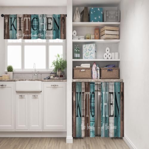 Teal and Brown Kitchen Window Curtains Valance and Tier Set 36 Inch, Rustic Farmhouse Turquoise Rod Pocket Short Tier Curtain for Bathroom, Wooden Home Small Cafe Drapes for Kitchen Decor