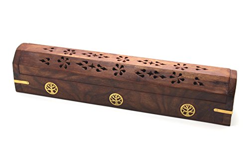 Govinda® Wooden Coffin Incense Burner - 12" Tree of Life - Brass Inlays - Storage Compartment