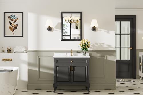 Briivue 22x30 Inch Black Bathroom Mirror for Wall, Thick Metal Framed Rectangle Mirrors for Over Sink, Bedroom, Living Room, Entryway, Anti-Rust, HD Tempered Glass