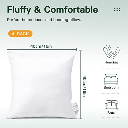 OTOSTAR 4 Pack Premium Waterproof Pillows Inserts, 16 x 16 Outdoor Decorative Throw Pillow Inserts Soft Fluffy Plump Cushion Inserts for Patio Garden Bench Farmhouse Sofa Couch Bed, White