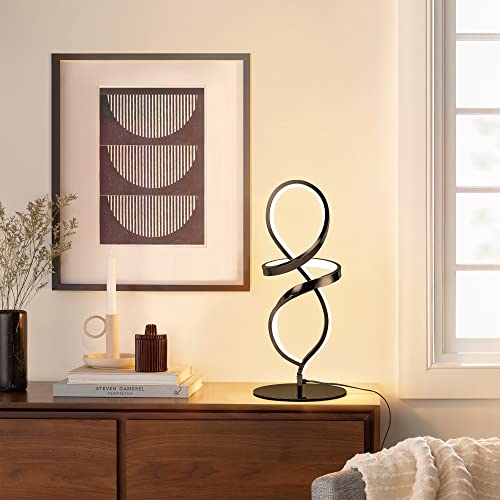 Mayful Modern Table Lamp with LED Unique Spiral Design, Small Nightstand Lamp with Stepless Dimming Switch, Black Bedside Lamps for Bedroom, Nightstand, Living Room, Office, Desk, 12W 3200K Warm White