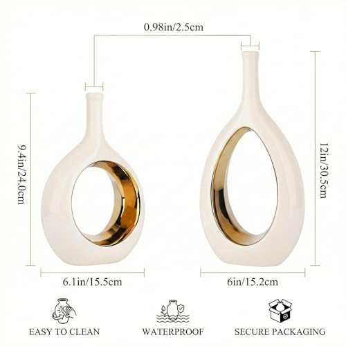 White and Gold Vase Ceramic White Vases Home Decor,Modern Minimalist Circle with Hole Decorative Vase, Hollow Ellipse Flower vases for Bookshelf, Fireplace Mantle, Centerpieces,Farmhouse,Rustic Décor