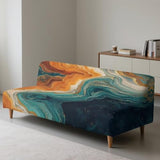 Marble Print Orange Cyan Armless Futon Cover Futon Mattress Covers Soft Elastic Dustproof Couch Slipcover Washable Sofa Bed Protector with Elastic Bottom