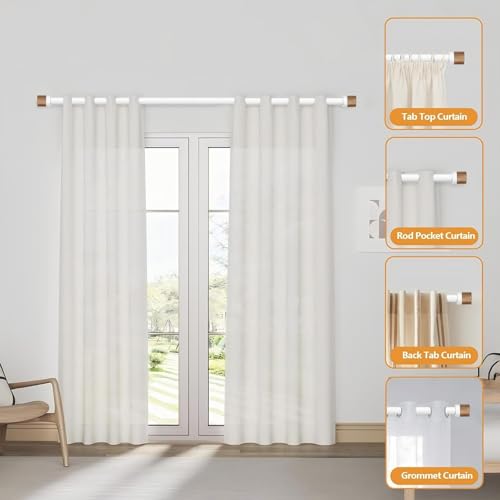 White Curtain Rods for Windows 48 to 84 Inches(4-7ft),1 inch Adjustable Window Curtain Rods with Imitation Wood Grain Finials,Heavy Duty Decorative Drapery Rod for Bedroom,Kitchen and Patio