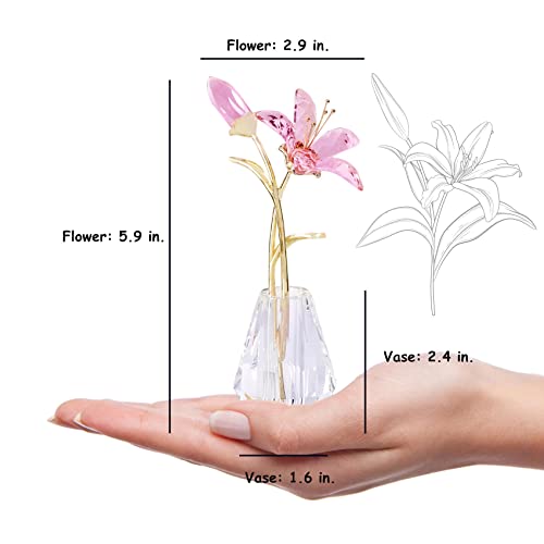 YWHL Crystal Lily Flower Figurine with Vase, Handmade Pink Glass Lily Flower Gifts for Woman, Wedding Gifts for Couple, Home Party Decorations (Pink)