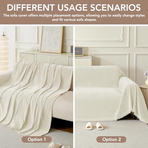 Couch Cover for Dogs, Boho Sofa Covers for 3 Cushion Couch, Chenille Sofa Slipcover for Pets Washable, L-Shape Sectional Couch Loveseat Cover Soft Throw Blankets with Tassels(71x118,Cream)