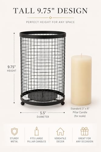 Hosley Large Candle Holder - Black Pillar Candle Cover/Sleeve, 9.75" High, Metal Rustic Farmhouse Decor, Candle Shade for Spa Aromatherapy, Weddings, Home Office, Candle Garden