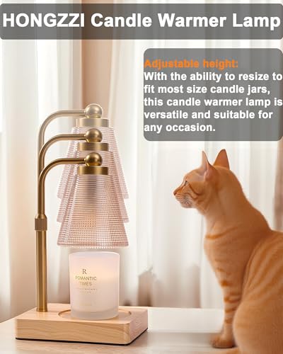 Candle Warmer Lamp with Timer - Adjustable Height & Brightness - Wood Base Glass Shade - 2 Bulbs Included(Square Gold)