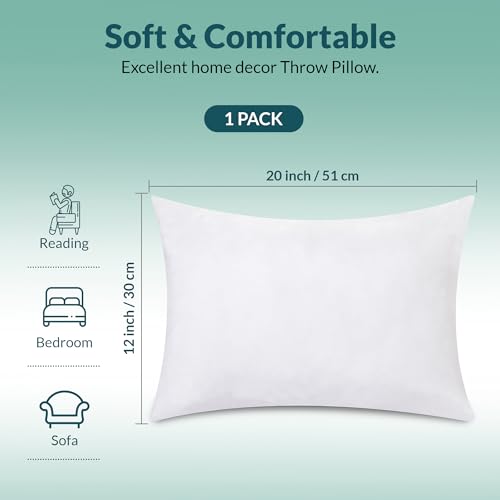 ROYALE LINENS 12 x 20 Pillow Insert - Down Alternative Throw Pillows Insert - Rectangle Pillow Pack of 1 White - Bed & Couch Pillows - Inner Cushion for Bed, Cushion for Living Room - Shams Stuffer