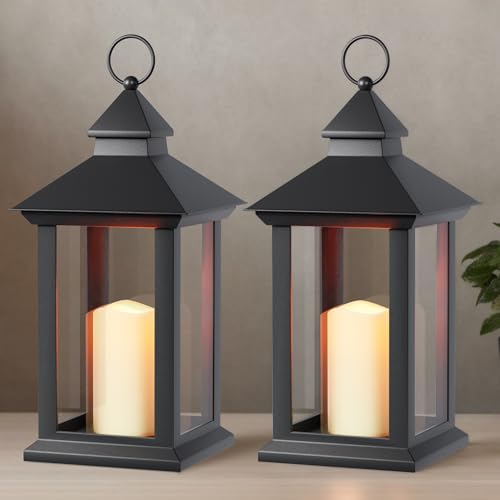 Lanterns Decorative Indoor, 2 Pack Black Decorative Flameless Candle Lanterns with Timer, Vintage 14" Waterproof Hanging Outdoor Lanterns, Battery Operated for Porch, Patio, Wedding Decor