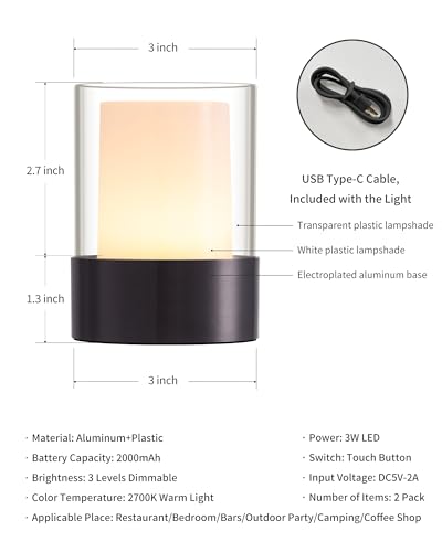 LED 4" Mini Cordless Table Lamp 2 Pack, Outdoor Waterproof Lamp, Rechargeable Battery Operated Lamp, Portable Touch Night Light for Dining Room, Camping, Nursery, Baby, Bar, Party (Black)