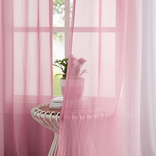 Purainbow Pink Ombre Chiffon Sheer Curtains 84 Inch Long for Living Room Bedroom Decor, Crinkle Gradient Semi Voile Grommet Top Window Curtain Drapes for Girls Room, Garden, Yard, Set of 2 Panels