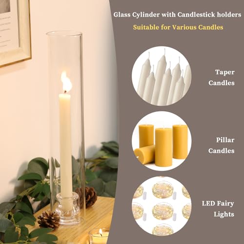 Volens Hurricane Glass Candle Holders - Set of 12 Candlestick Holders for Taper Candles with Windproof Cylinder Covers 14" Tall Clear Glass Chimney Cover for Wedding Table Centerpiece Fall Home Decor