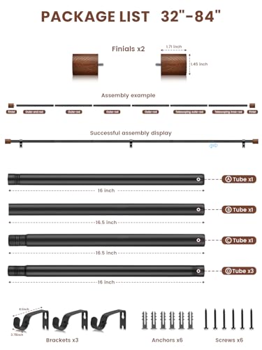 Wood Curtain Rods for Windows 32 to 84 Inch, 1 Inch Heavy Duty Adjustable Decorative Curtain Rod, Modern Farmhouse Drapery Rod for Bedroom, Patio and Living Room