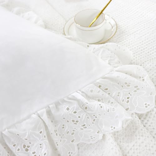 Lemfux Ruffle Pillow Case 18x18 Inch, Set of 2, Cotton Ruffle Euro Shams with Ruffles Rustic Farmhouse Lace Shabby Soft Breathable Bridal Pure White Euro Pillow Shams