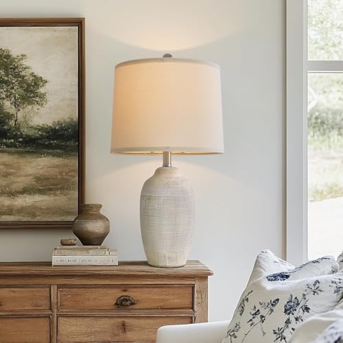 USumkky 24 inch Vintage Ceramic Table Lamp with 5FT Cord - Single Farmhouse Rustic Bedside Lamp with Natural Textured Finish, Nightstand Lamps for Living Room, Bedroom, End Table Beige