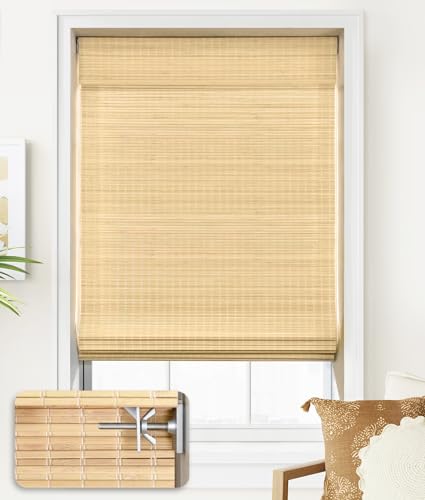 LazBlinds No Tools No Drill Cordless Bamboo Roman Shades, Privacy Room Darkening Window Treatment, Roll Up Bamboo Blinds for Window 26'' W x 64'' H, DP-Natural