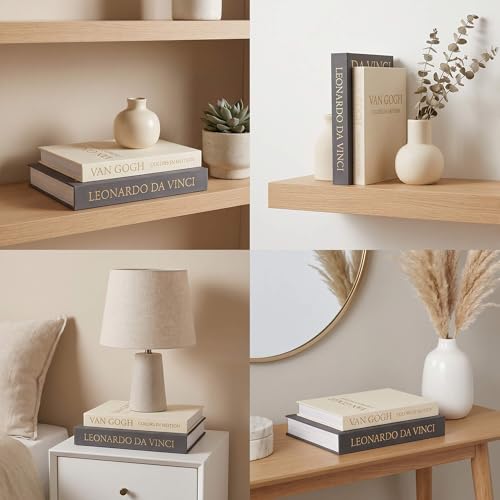Decorative Storage Books Set of 2, Linen Cover, Gold Letters, Beige and Dark gray