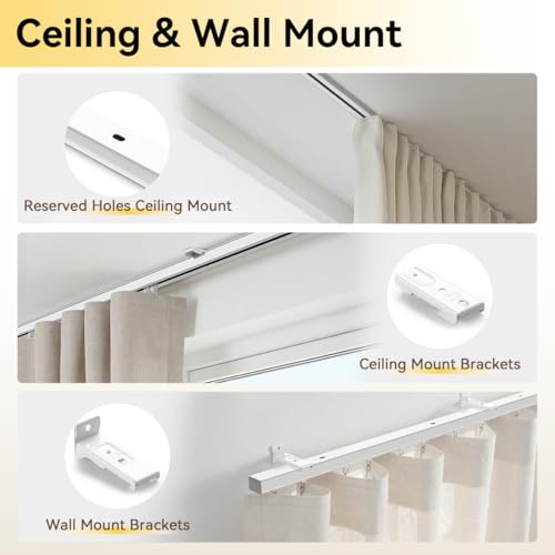 FELIDESIGN Curtain Track, Ceiling Curtain Track for Room Divider, Ceiling Mount Rail Set with Roller Hooks, White, 9ft - 12ft