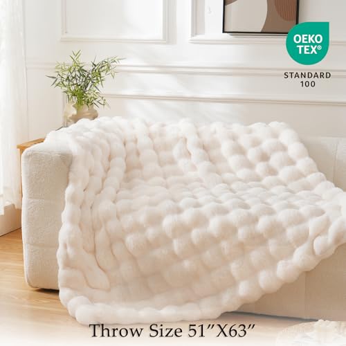 BENVWE Faux Fur Throw Blanket for Couch - Cozy Plush Fluffy Soft Thick Bubble Blanket for Living Room Home Decor - Mothers Day Birthday Gifts for Women, Cream White, 51" x 63"