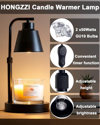 Candle Warmer Lamp with Timer - Adjustable Height & Brightness, 2 Bulbs Included - Flameless Wax Melter for Home