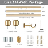Heavy Duty Curtain Rods, 1 1/8 Inch Diameter Single Curtain Rod 144-240Inch(12-20ft) Extendable Length for Large Windows with End Caps Adjustable Modern Brackets-Warm Gold