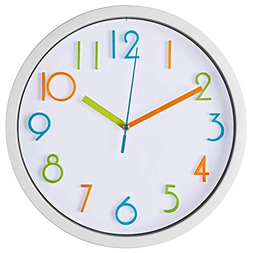Bernhard Products Colorful Kids Wall Clock 10 Inch Silent Non Ticking Quality Quartz Battery Operated Wall Clocks, Easy to Read 3D Multi Colored Numbers Nursery Classroom Office Kitchen White Frame