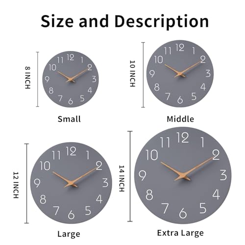 Mosewa Wall Clock 12 Inch Gray Silent Non Ticking Battery Operated Modern Simple Clock Decorative for Kitchen Home Bedroom Bathroom Office Living Room