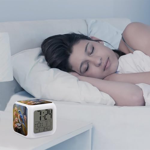 Eastern Bluebird Alarm Clocks with 7 Color Changing Night Light Exquisite Bedroom Digital Clocks with LED Temperature Display Desk Clock Ok to Wake Clocks for Heavy Sleeper