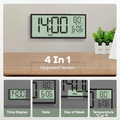 JALL 14.5" Large Digital Wall Clock Alarm, with Big LCD Screen Dispaly, Auto DST, Temperature for Living Room, Bedroom, Desk Decor, Mounted, Gift for Elderly, Black